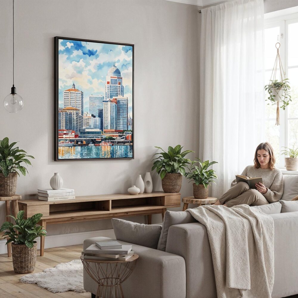 06 - Framed Louisville Kentucky Watercolor Canvas Print - Woman reading in modern Living Room - Vertical.jpg 06 - Framed Louisville Kentucky Watercolor Canvas Print - Woman reading in modern Living Room - Vertical.jpg