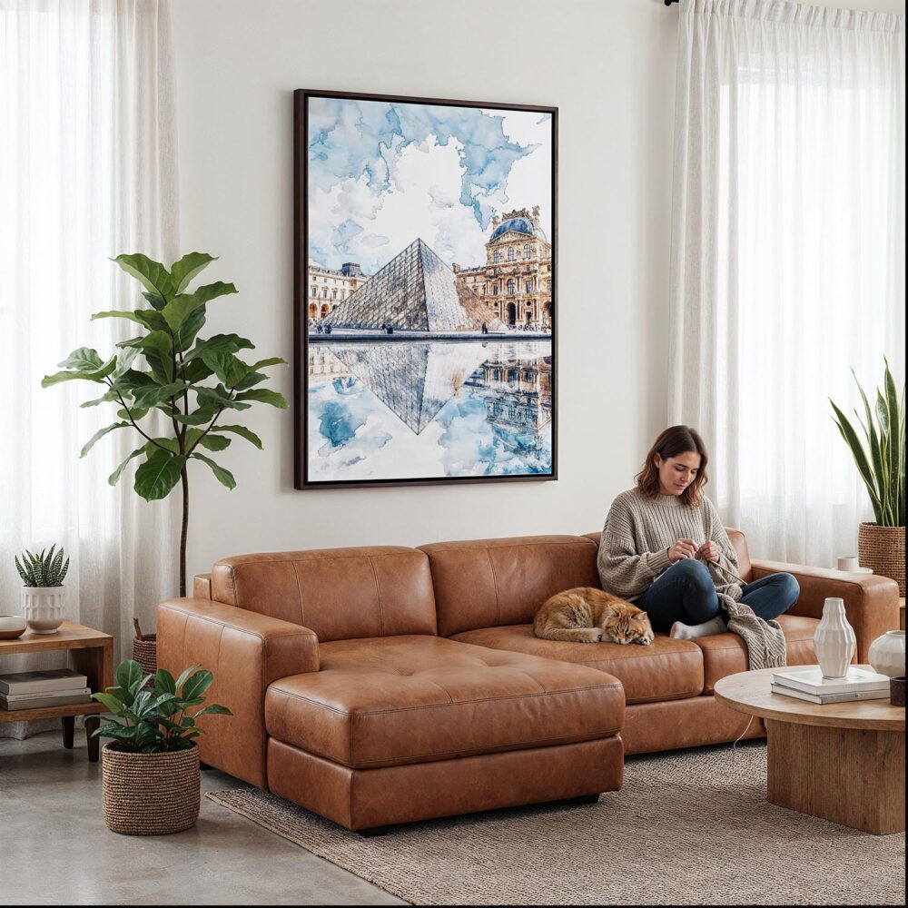 06 - Framed Louvre Watercolor Canvas Print - Woman Knitting on leather couch - Vertical.jpg 06 - Framed Louvre Watercolor Canvas Print - Woman Knitting on leather couch - Vertical.jpg