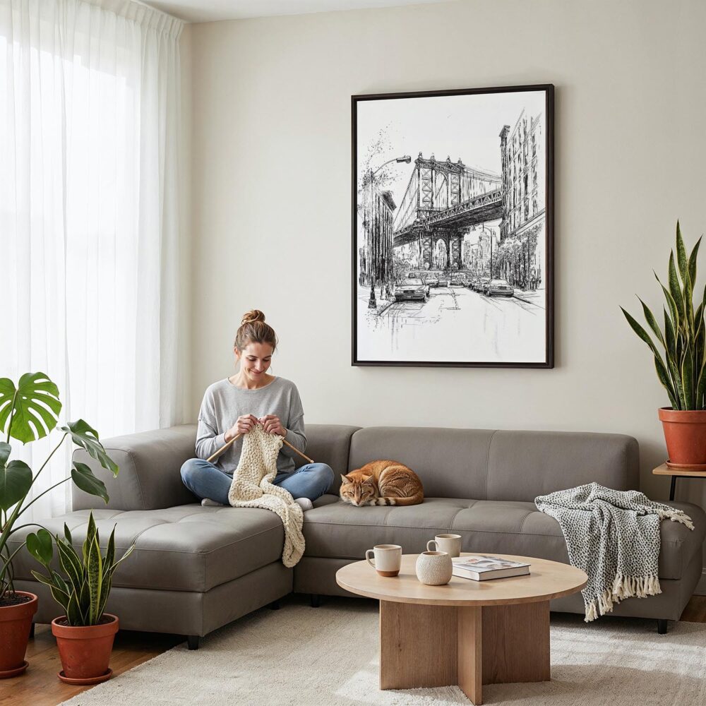 06 - Framed Manhattan bridge - Pencil Drawing Canvas Print - Woman Knitting on grey couch - Vertical.jpg 06 - Framed Manhattan bridge - Pencil Drawing Canvas Print - Woman Knitting on grey couch - Vertical.jpg