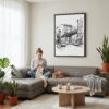 06 - Framed Manhattan bridge - Pencil Drawing Canvas Print - Woman Knitting on grey couch - Vertical.jpg
