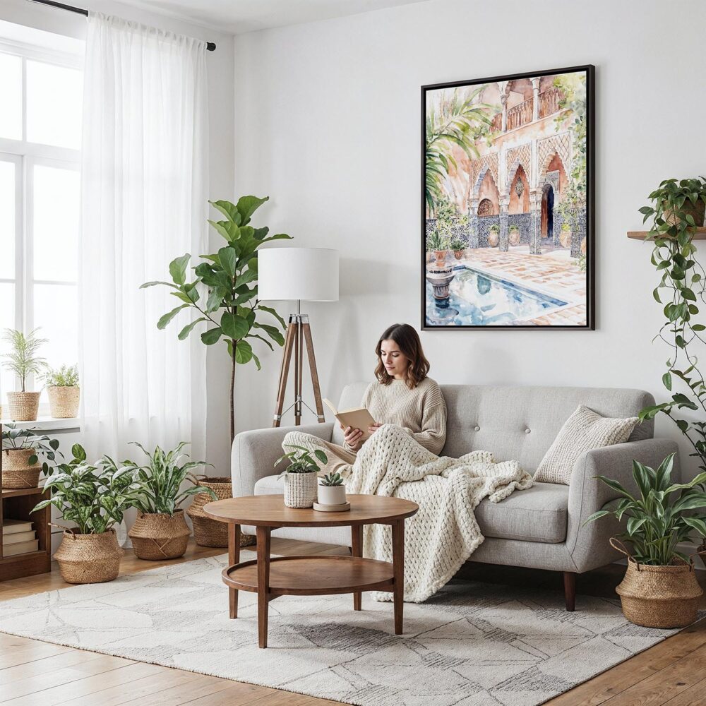 06 - Framed Marrakesh Morroco Backyard Watercolor Canvas Print - Woman reading on couch - Vertical.jpg 06 - Framed Marrakesh Morroco Backyard Watercolor Canvas Print - Woman reading on couch - Vertical.jpg