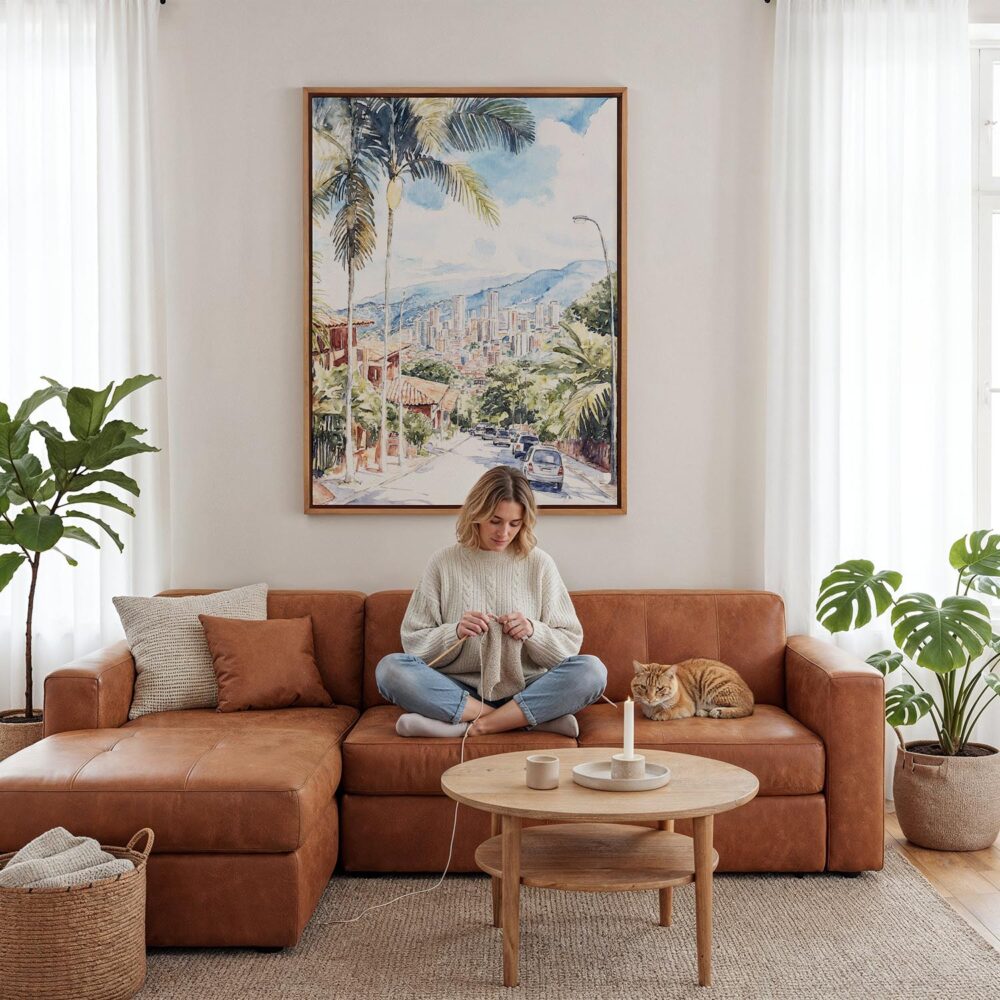 06 - Framed Medellin Colombia Watercolor Canvas Print - Woman Knitting - Vertical.jpg 06 - Framed Medellin Colombia Watercolor Canvas Print - Woman Knitting - Vertical.jpg