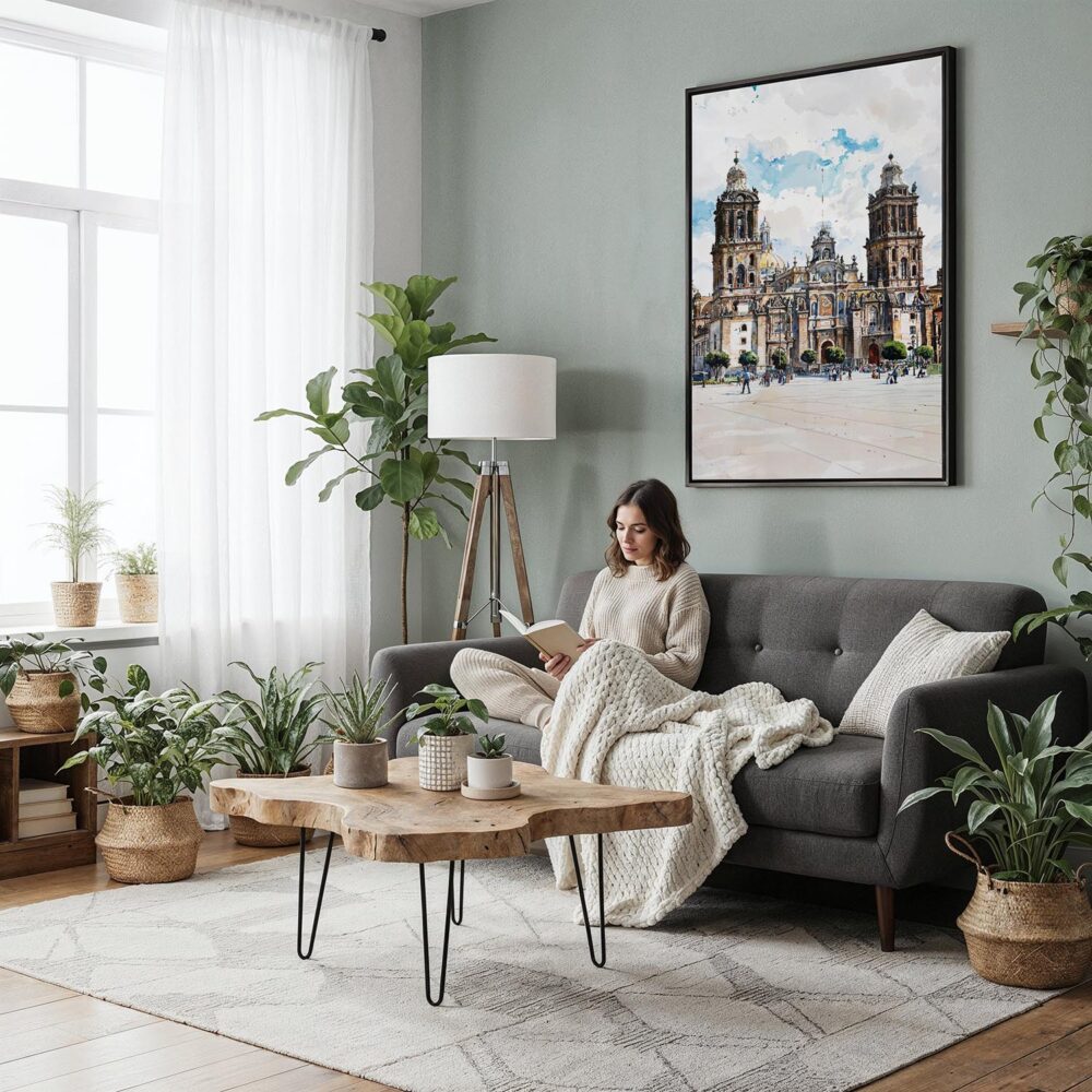 06 - Framed Mexico Metropolitan Cathedral Watercolor Canvas Print - Woman reading in Boho Living Room - Vertical.jpg 06 - Framed Mexico Metropolitan Cathedral Watercolor Canvas Print - Woman reading in Boho Living Room - Vertical.jpg