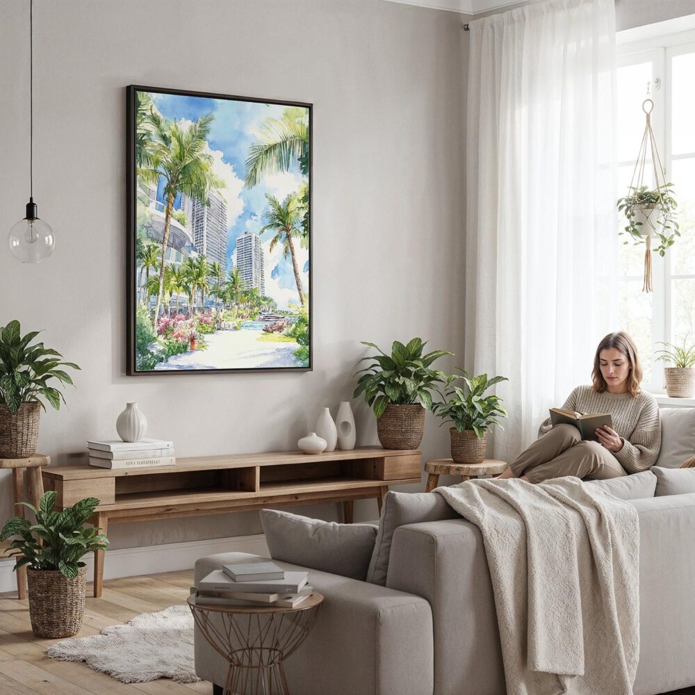 06 - Framed Miami Beach Watercolor Canvas Print - Woman reading in modern Living Room - Vertical.jpg 06 - Framed Miami Beach Watercolor Canvas Print - Woman reading in modern Living Room - Vertical.jpg