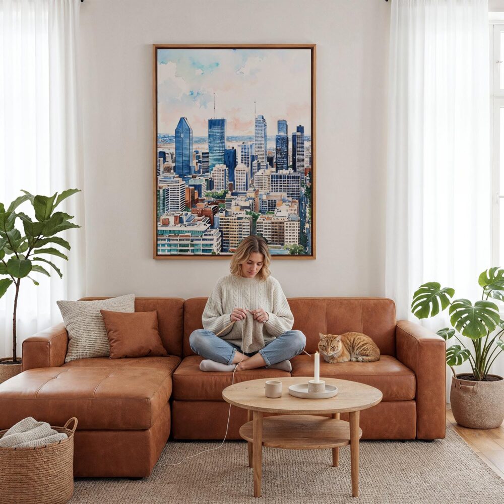 06 - Framed Montreal Skyline Watercolor Canvas Print - Woman Knitting - Vertical.jpg 06 - Framed Montreal Skyline Watercolor Canvas Print - Woman Knitting - Vertical.jpg