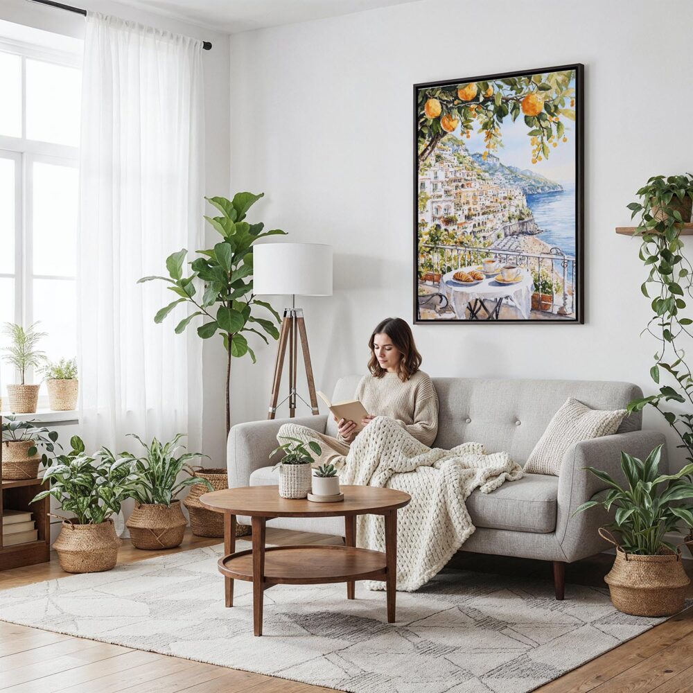06 - Framed Morning Coffee in Amalfi Coast Watercolor Canvas Print - Woman reading on couch - Vertical.jpg 06 - Framed Morning Coffee in Amalfi Coast Watercolor Canvas Print - Woman reading on couch - Vertical.jpg