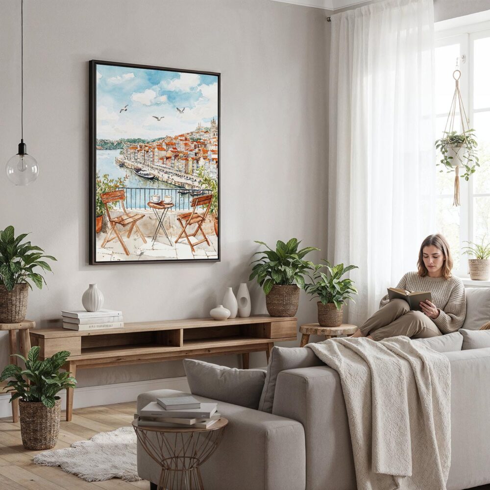 06 - Framed Morning Coffee in Porto Watercolor Canvas Print - Woman reading in modern Living Room - Vertical.jpg 06 - Framed Morning Coffee in Porto Watercolor Canvas Print - Woman reading in modern Living Room - Vertical.jpg