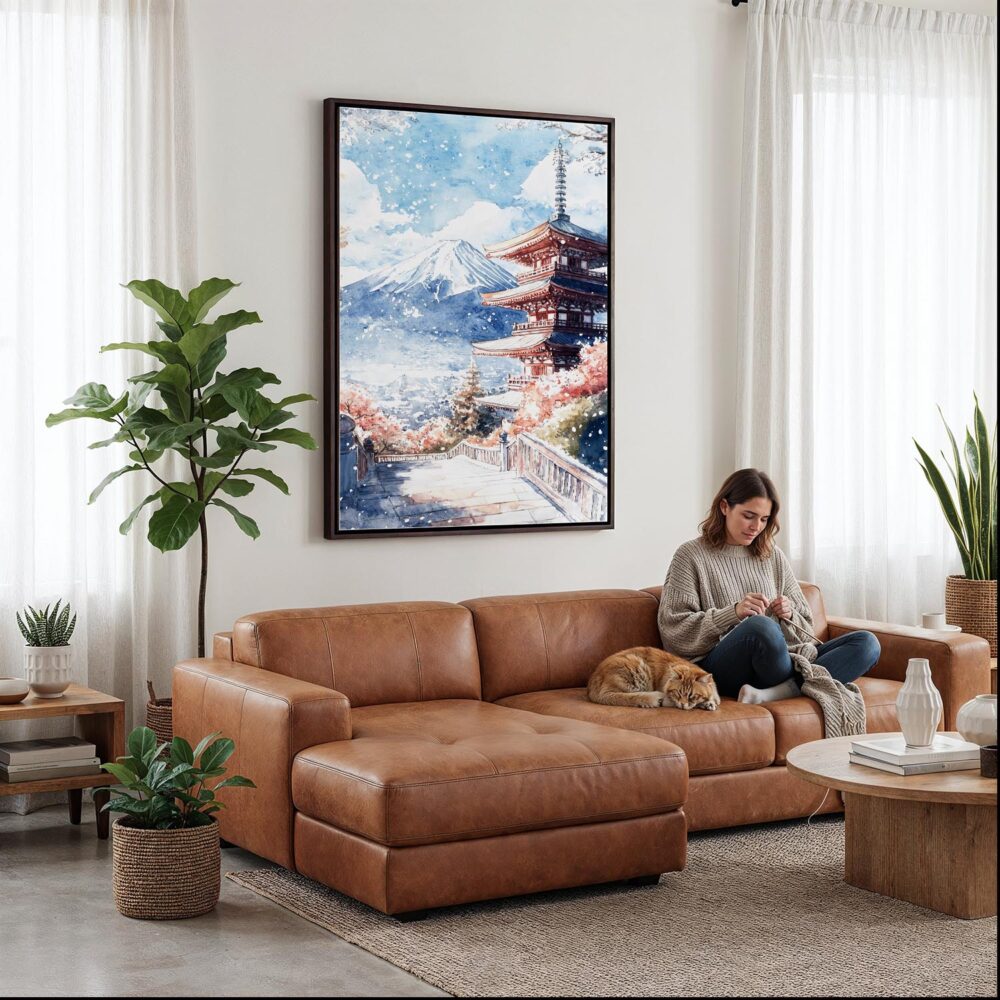 06 - Framed Mount Fuji and Pagoda Watercolor Canvas Print - Woman Knitting on leather couch - Vertical.jpg 06 - Framed Mount Fuji and Pagoda Watercolor Canvas Print - Woman Knitting on leather couch - Vertical.jpg