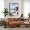 06 - Framed Mount Fuji and Pagoda Watercolor Canvas Print - Woman Knitting on leather couch - Vertical.jpg