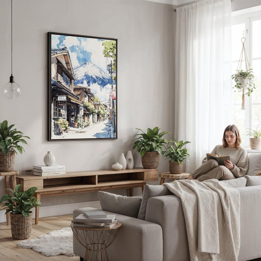 06 - Framed Mount Fuji and Village - Watercolor Canvas Print - Woman reading in modern Living Room - Vertical.jpg 06 - Framed Mount Fuji and Village - Watercolor Canvas Print - Woman reading in modern Living Room - Vertical.jpg