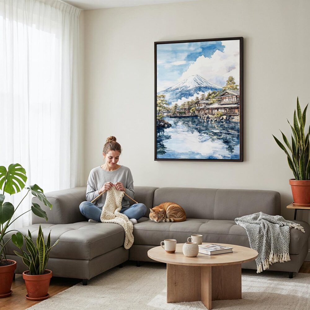 06 - Framed Mount Fuji from Oshino Watercolor Canvas Print - Woman Knitting on grey couch - Vertical.jpg 06 - Framed Mount Fuji from Oshino Watercolor Canvas Print - Woman Knitting on grey couch - Vertical.jpg