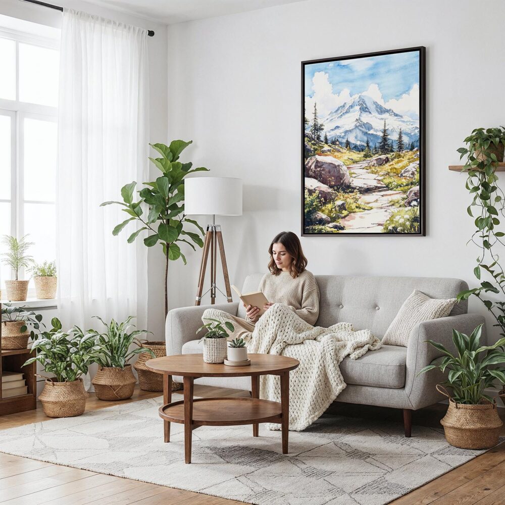 06 - Framed Mount Rainier - Watercolor Canvas Print - Woman reading on couch - Vertical.jpg 06 - Framed Mount Rainier - Watercolor Canvas Print - Woman reading on couch - Vertical.jpg