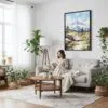 06 - Framed Mount Rainier - Watercolor Canvas Print - Woman reading on couch - Vertical.jpg