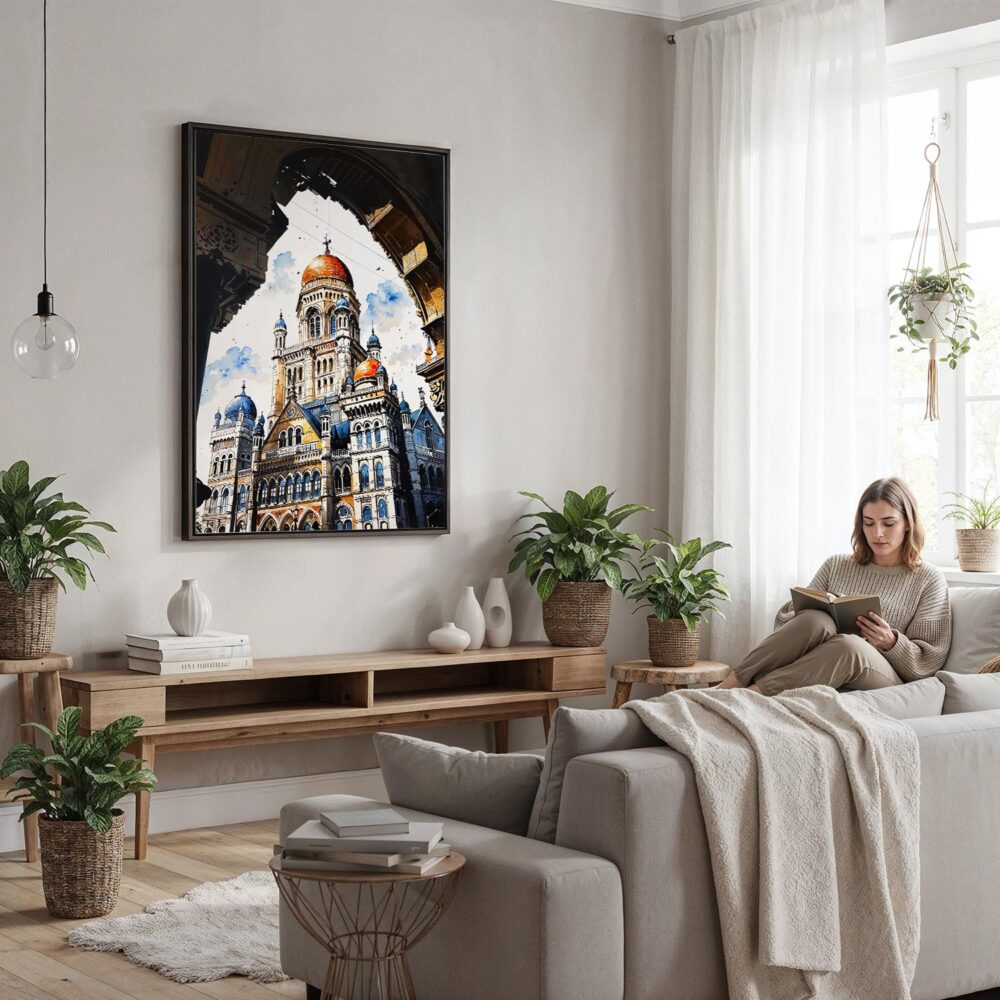 06 - Framed Mumbai BMC Building Watercolor Canvas Print - Woman reading in modern Living Room - Vertical.jpg 06 - Framed Mumbai BMC Building Watercolor Canvas Print - Woman reading in modern Living Room - Vertical.jpg