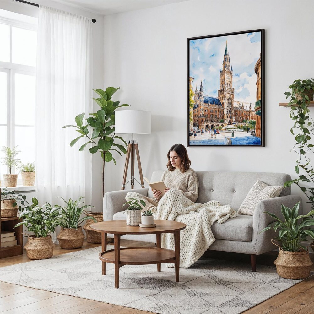 06 - Framed Munich Marienplatz Watercolor Canvas Print - Woman reading on couch - Vertical.jpg 06 - Framed Munich Marienplatz Watercolor Canvas Print - Woman reading on couch - Vertical.jpg