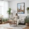 06 - Framed Munich Marienplatz Watercolor Canvas Print - Woman reading on couch - Vertical.jpg