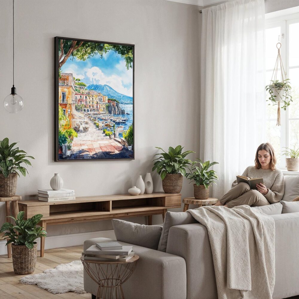 06 - Framed Naples Watercolor Canvas Print - Woman reading in modern Living Room - Vertical.jpg 06 - Framed Naples Watercolor Canvas Print - Woman reading in modern Living Room - Vertical.jpg