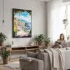 06 - Framed Naples Watercolor Canvas Print - Woman reading in modern Living Room - Vertical.jpg