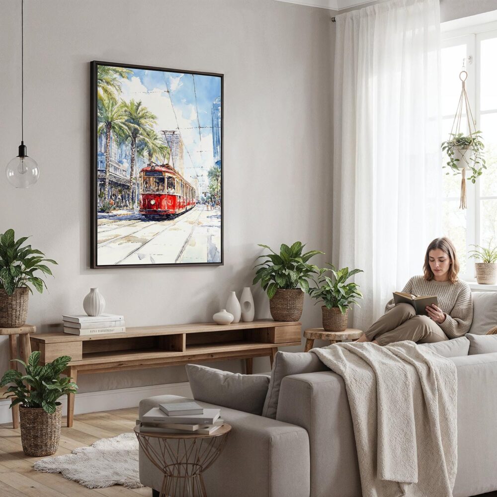 06 - Framed New Orleans Canal Street Watercolor Canvas Print - Woman reading in modern Living Room - Vertical.jpg 06 - Framed New Orleans Canal Street Watercolor Canvas Print - Woman reading in modern Living Room - Vertical.jpg