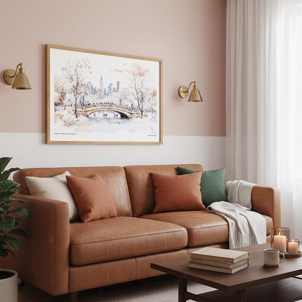 06 - Framed New York Central Park in Winter Watercolor - Horizontal Art Print hanging in Boho Living Room.jpg 06 - Framed New York Central Park in Winter Watercolor - Horizontal Art Print hanging in Boho Living Room.jpg