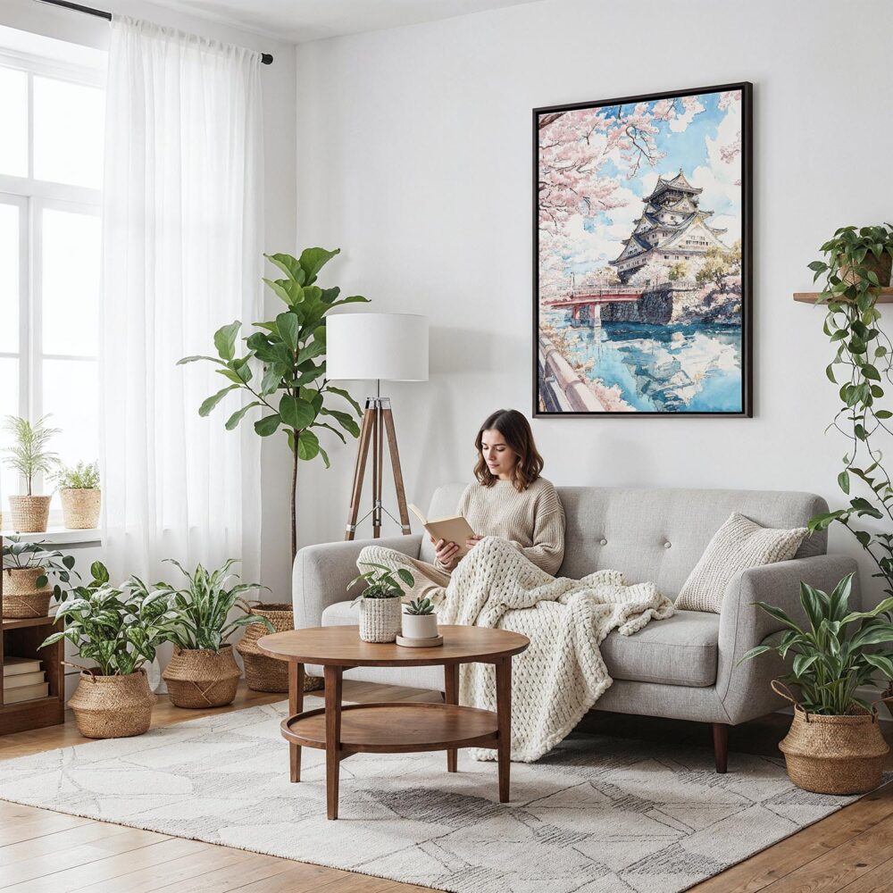 06 - Framed Osaka Japan - Watercolor Canvas Print - Woman reading on couch - Vertical.jpg 06 - Framed Osaka Japan - Watercolor Canvas Print - Woman reading on couch - Vertical.jpg