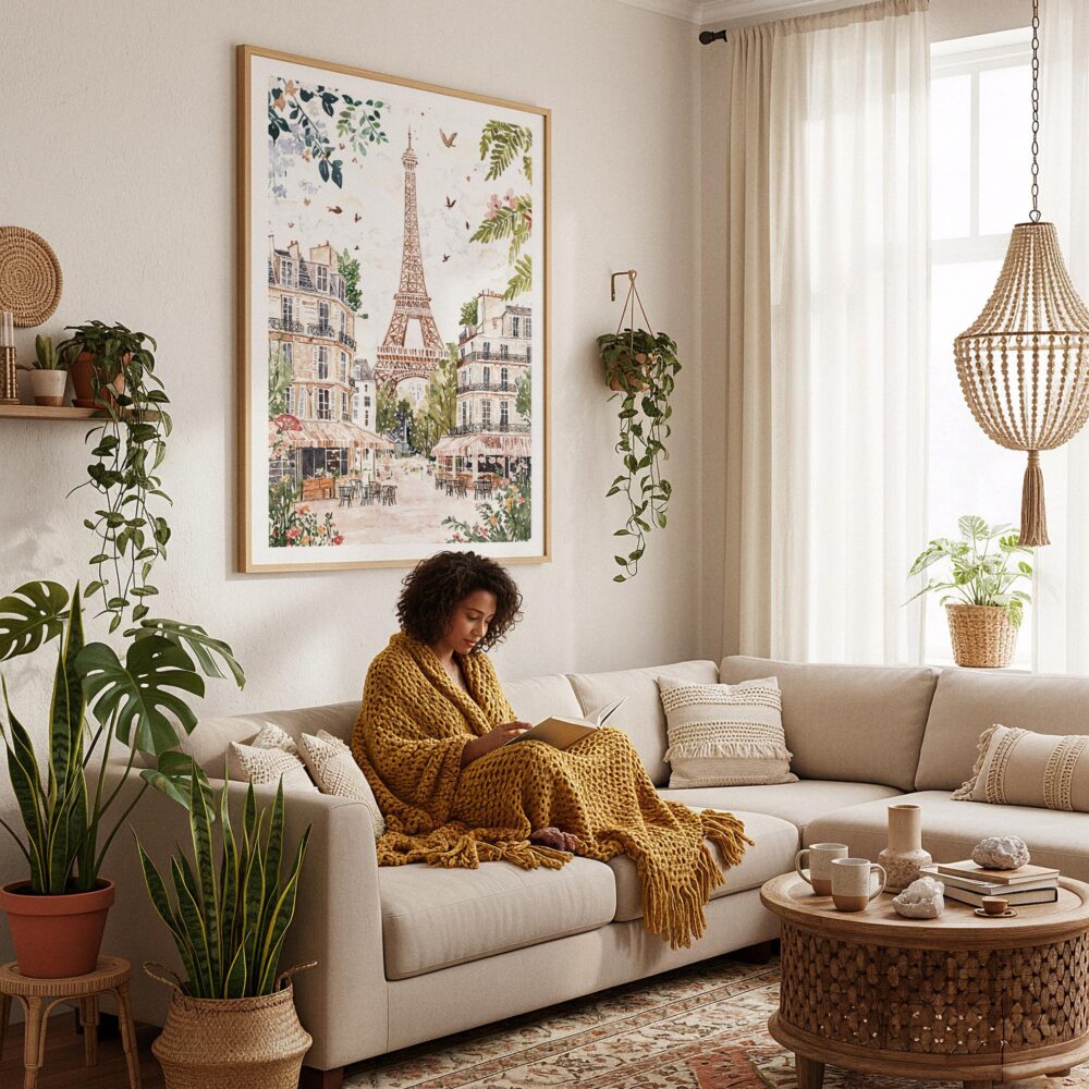 06 - Framed Paris Eiffel Tower Soft Watercolor Art Print - In Bohi Living Room with Woman reading - Vertical.jpg 06 - Framed Paris Eiffel Tower Soft Watercolor Art Print - In Bohi Living Room with Woman reading - Vertical.jpg