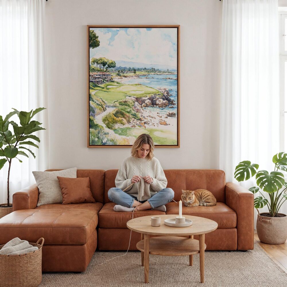 06 - Framed Pebble Beach Golf Course Watercolor Canvas Print - Woman Knitting - Vertical.jpg 06 - Framed Pebble Beach Golf Course Watercolor Canvas Print - Woman Knitting - Vertical.jpg