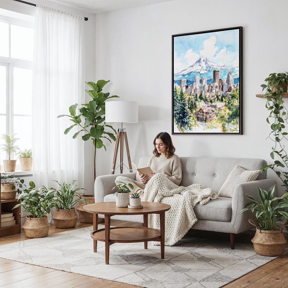 06 - Framed Portland Oregon Watercolor Canvas Print - Woman reading on couch - Vertical.jpg 06 - Framed Portland Oregon Watercolor Canvas Print - Woman reading on couch - Vertical.jpg