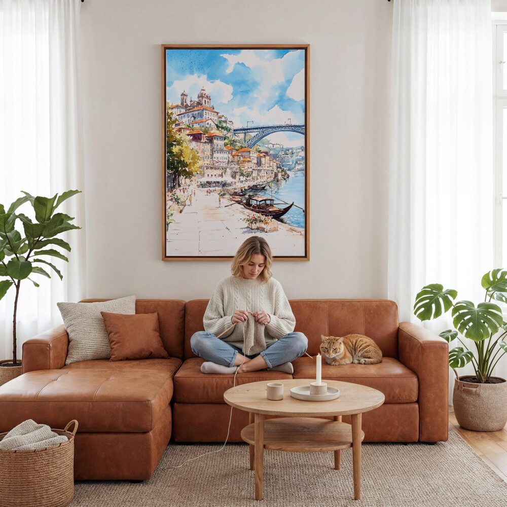 06 - Framed Porto Ribeira Watercolor Canvas Print - Woman Knitting - Vertical.jpg 06 - Framed Porto Ribeira Watercolor Canvas Print - Woman Knitting - Vertical.jpg