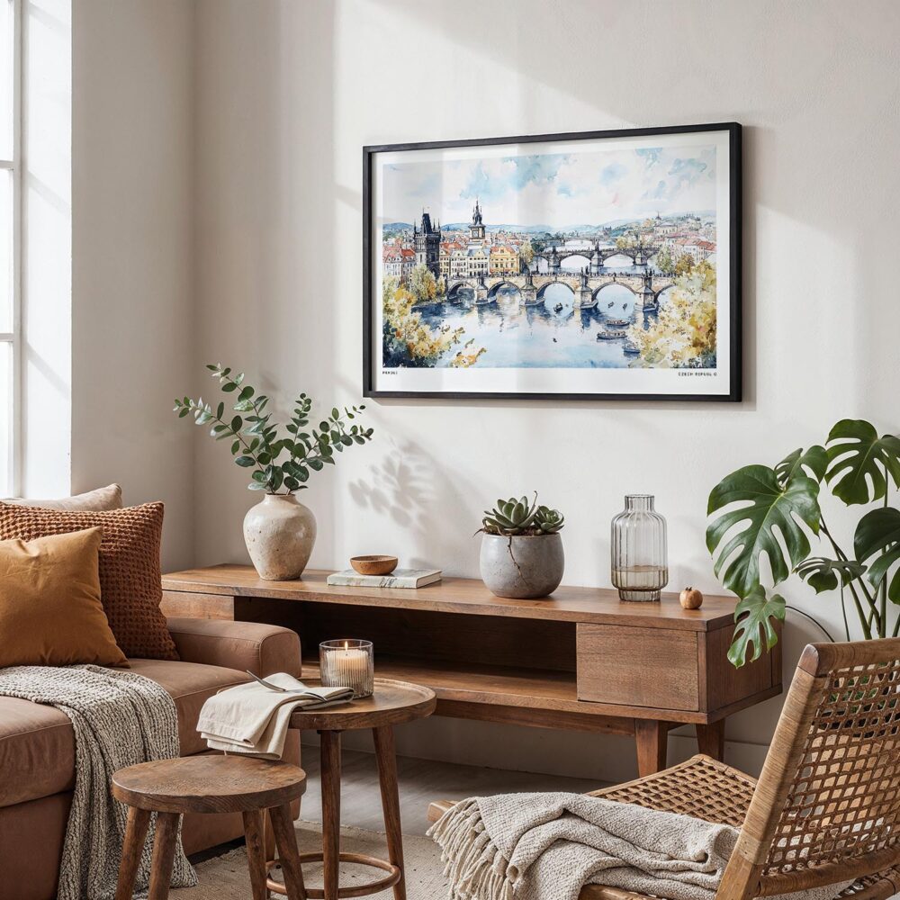 06 - Framed Prague Skyline Watercolor - Horizontal Art Print in Boho Living Room.jpg 06 - Framed Prague Skyline Watercolor - Horizontal Art Print in Boho Living Room.jpg