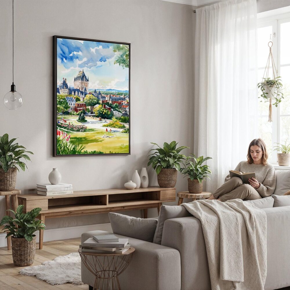 06 - Framed Quebec Château Frontenac Watercolor Canvas Print - Woman reading in modern Living Room - Vertical.jpg 06 - Framed Quebec Château Frontenac Watercolor Canvas Print - Woman reading in modern Living Room - Vertical.jpg