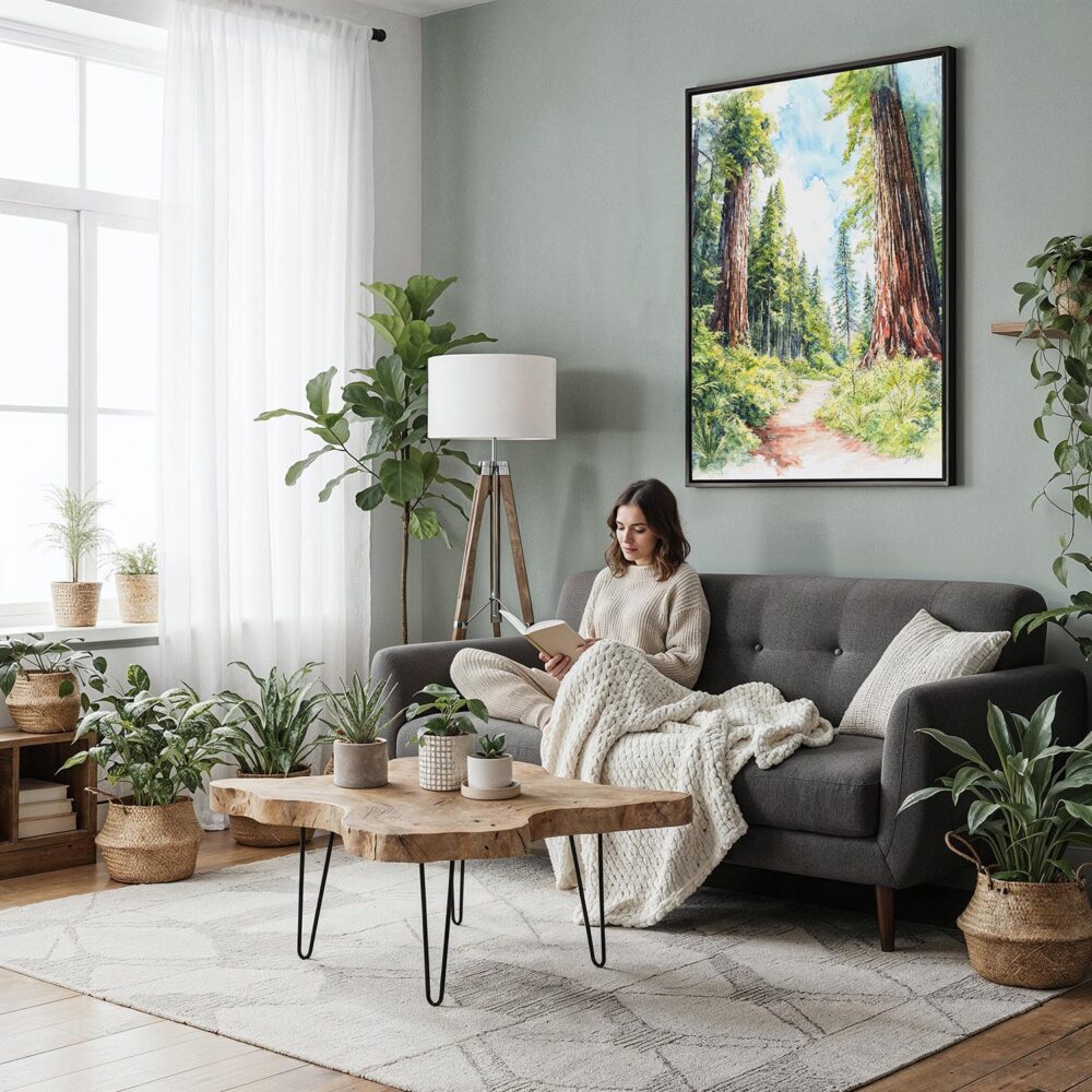 06 - Framed Redwood National Park California Watercolor Canvas Print - Woman reading in Boho Living Room - Vertical.jpg 06 - Framed Redwood National Park California Watercolor Canvas Print - Woman reading in Boho Living Room - Vertical.jpg