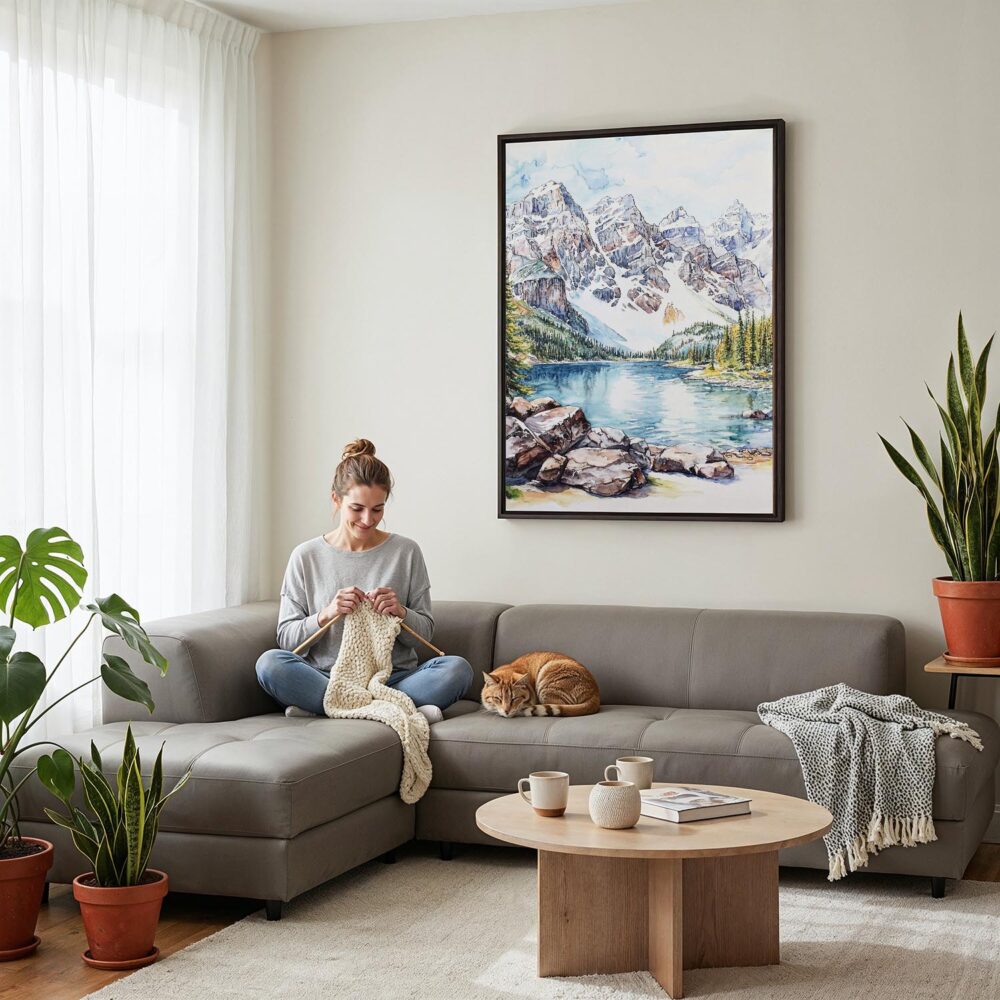 06 - Framed Rocky Mountains Valley of the Ten Peaks Watercolor Canvas Print - Woman Knitting on grey couch - Vertical.jpg 06 - Framed Rocky Mountains Valley of the Ten Peaks Watercolor Canvas Print - Woman Knitting on grey couch - Vertical.jpg