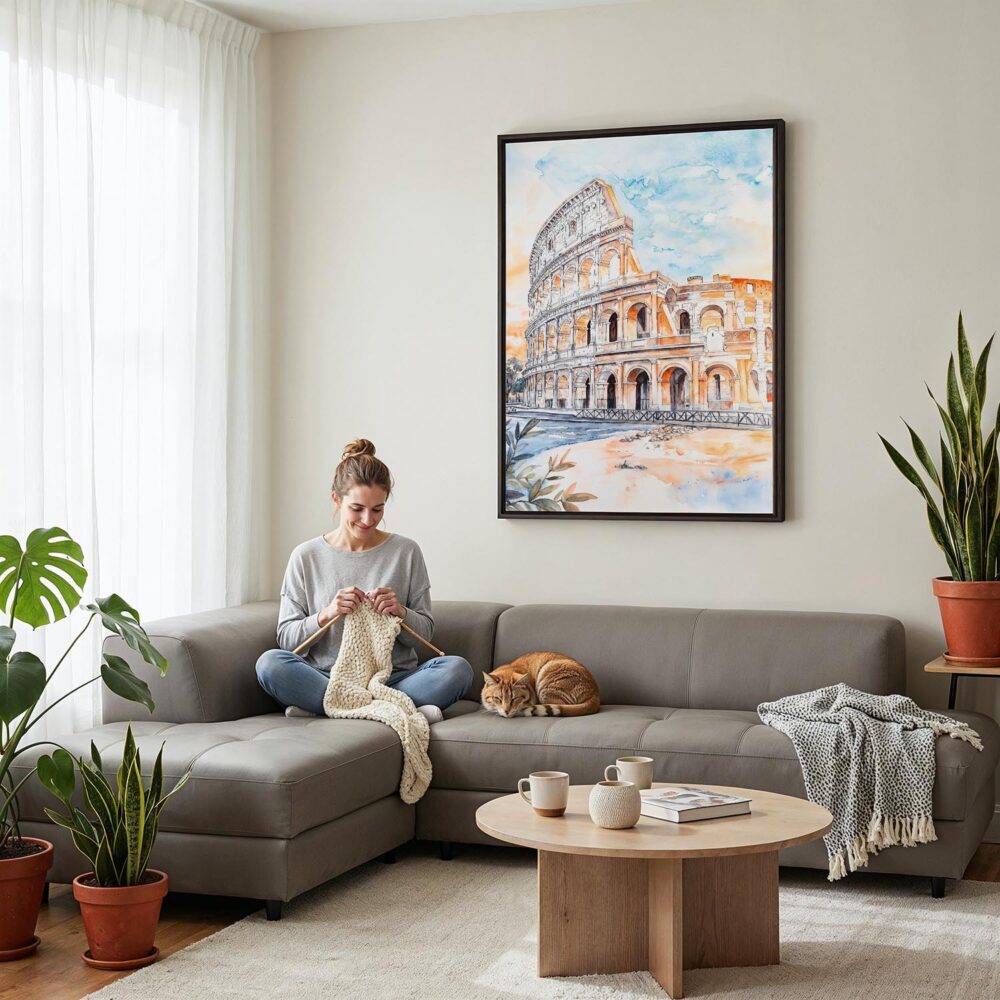 06 - Framed Rome Colosseum Watercolor Canvas Print - Woman Knitting on grey couch - Vertical.jpg 06 - Framed Rome Colosseum Watercolor Canvas Print - Woman Knitting on grey couch - Vertical.jpg
