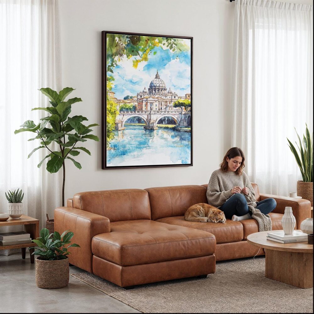 06 - Framed Rome Italy Watercolor Canvas Print - Woman Knitting on leather couch - Vertical.jpg 06 - Framed Rome Italy Watercolor Canvas Print - Woman Knitting on leather couch - Vertical.jpg