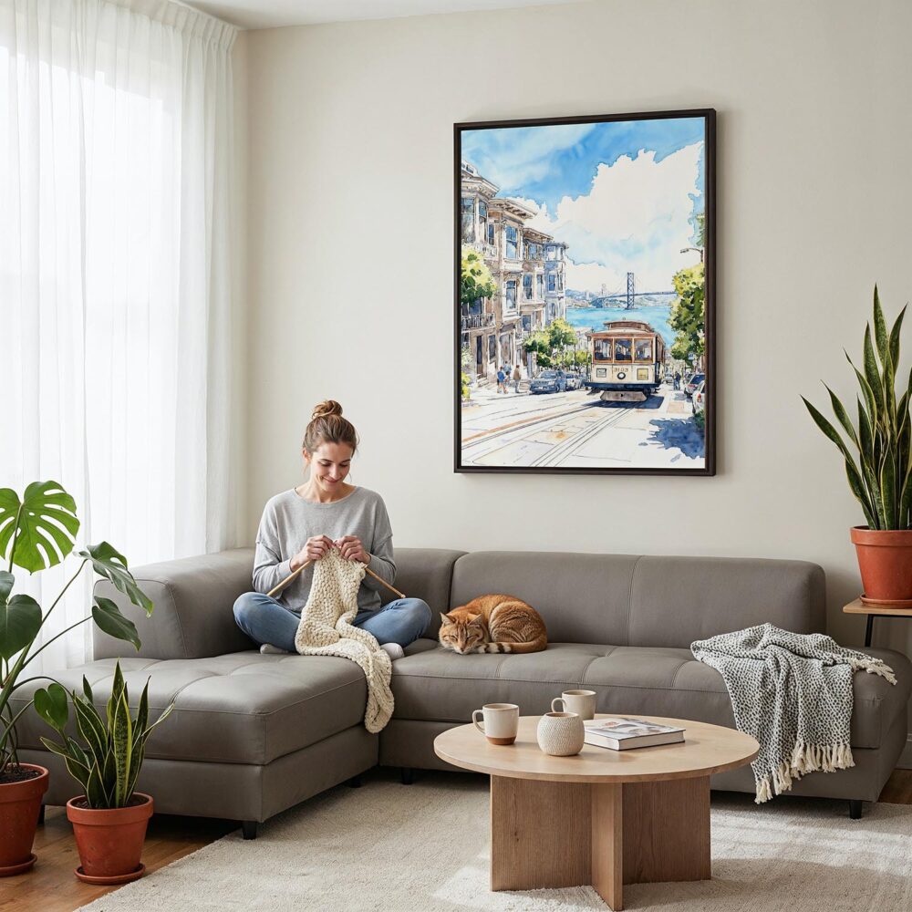 06 - Framed San Francisco Tram - Watercolor Canvas Print - Woman Knitting on grey couch - Vertical.jpg 06 - Framed San Francisco Tram - Watercolor Canvas Print - Woman Knitting on grey couch - Vertical.jpg