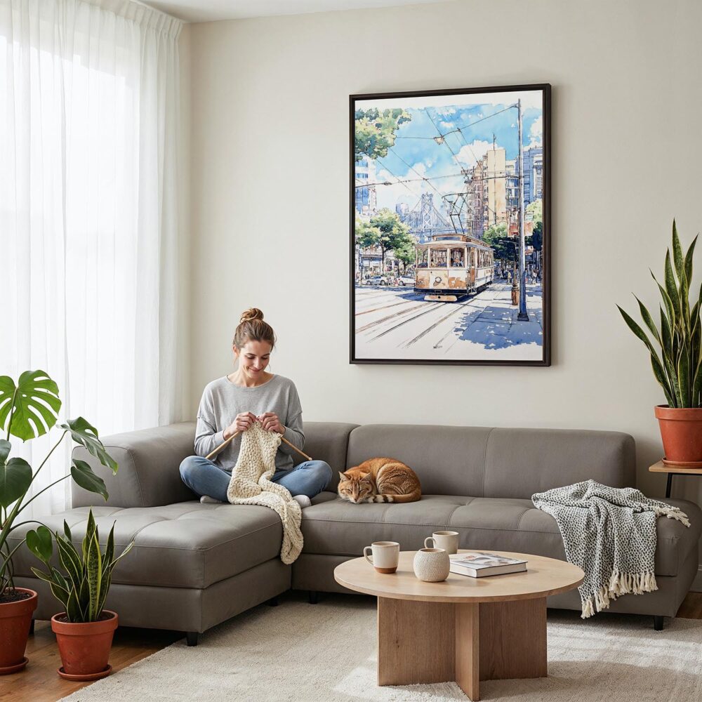 06 - Framed San Francisco - Watercolor Canvas Print - Woman Knitting on grey couch - Vertical.jpg 06 - Framed San Francisco - Watercolor Canvas Print - Woman Knitting on grey couch - Vertical.jpg