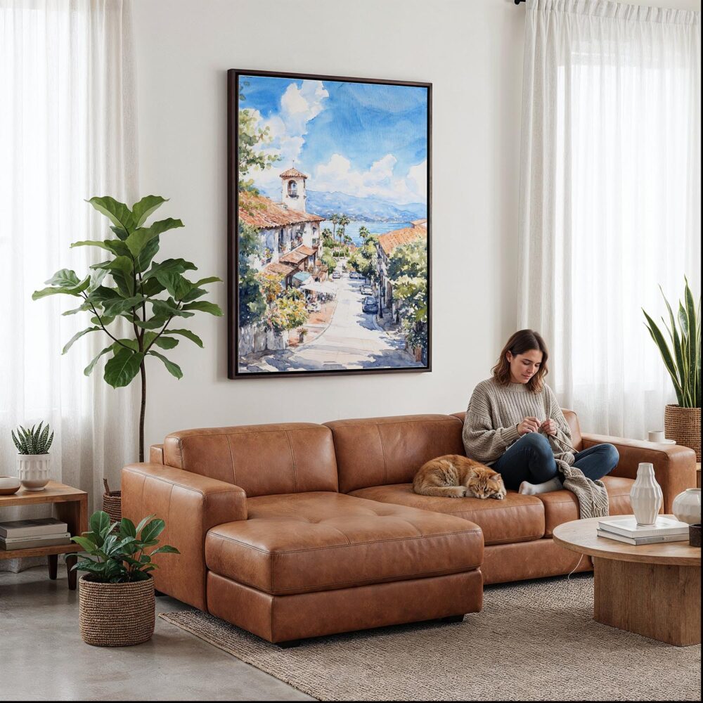 06 - Framed Santa Barbara California Watercolor Canvas Print - Woman Knitting on leather couch - Vertical.jpg 06 - Framed Santa Barbara California Watercolor Canvas Print - Woman Knitting on leather couch - Vertical.jpg
