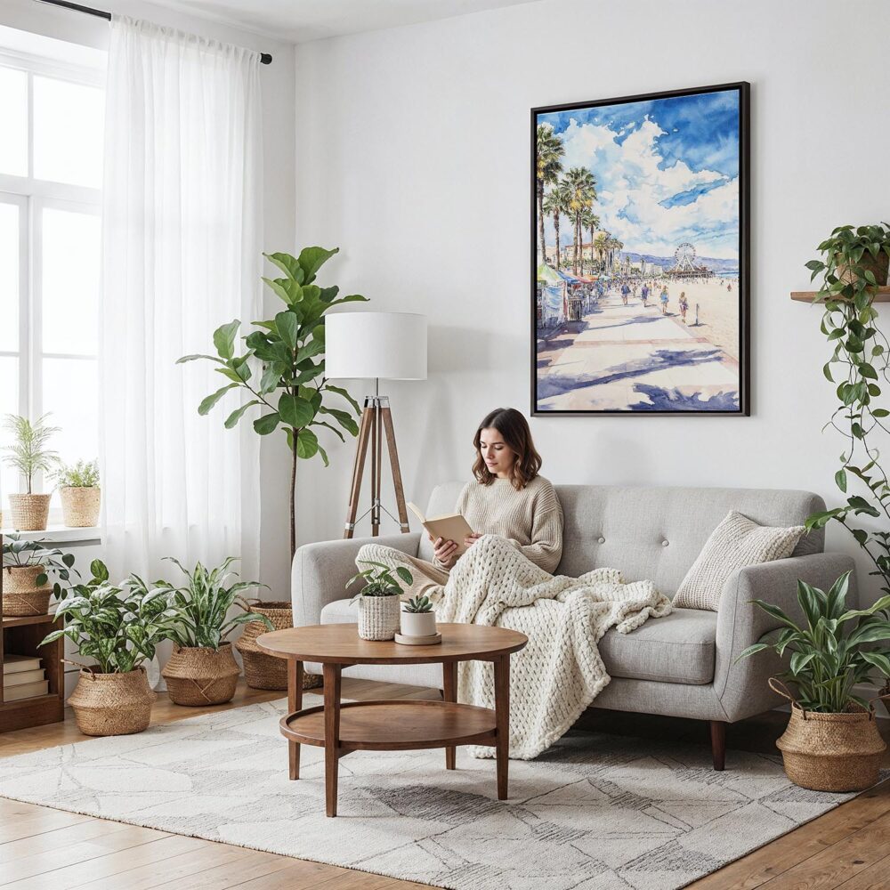 06 - Framed Santa Monica Watercolor Canvas Print - Woman reading on couch - Vertical.jpg 06 - Framed Santa Monica Watercolor Canvas Print - Woman reading on couch - Vertical.jpg