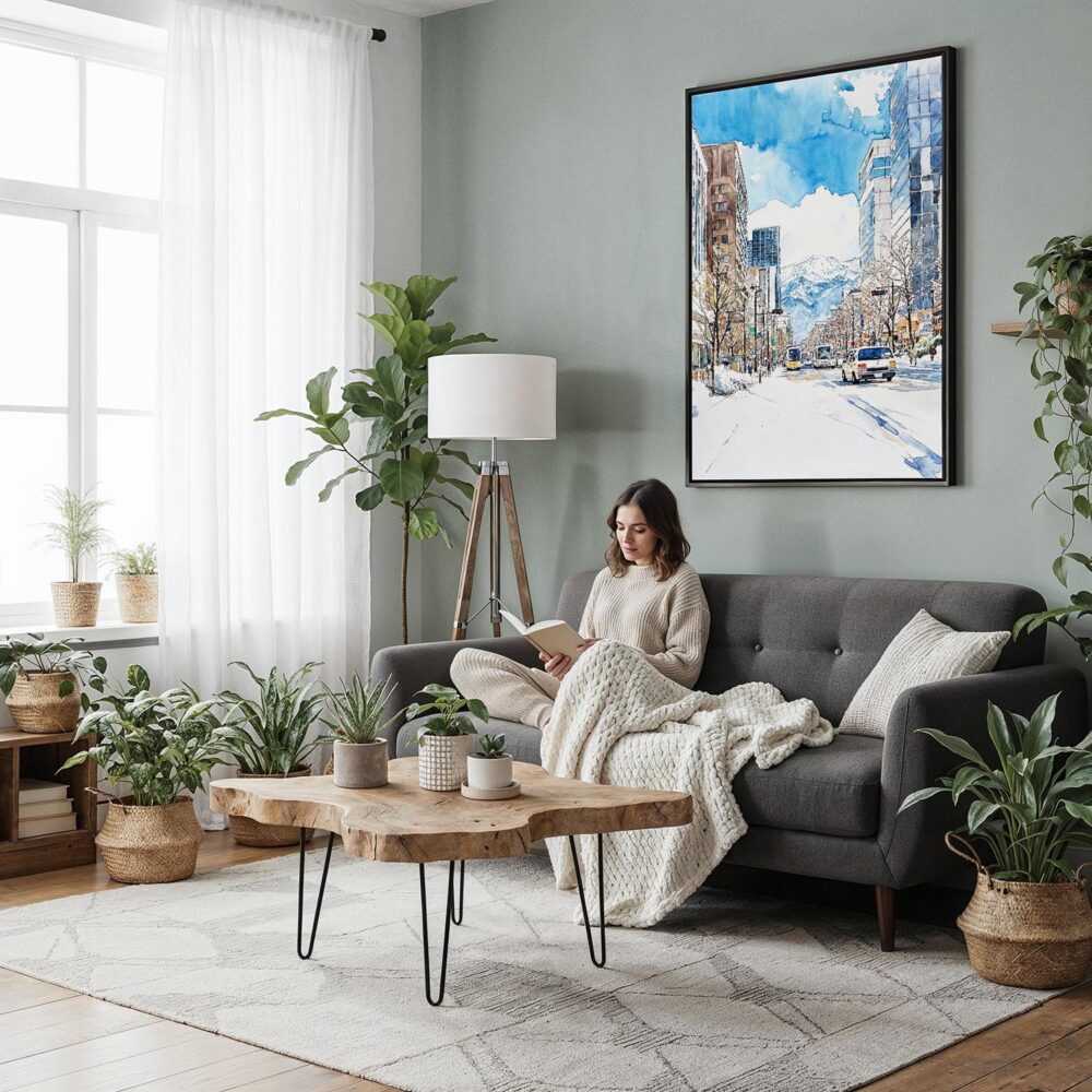 06 - Framed Sapporo City - Watercolor Canvas Print - Woman reading in Boho Living Room - Vertical.jpg 06 - Framed Sapporo City - Watercolor Canvas Print - Woman reading in Boho Living Room - Vertical.jpg