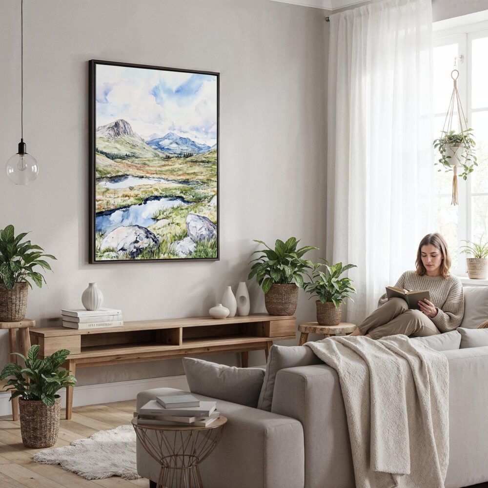 06 - Framed Scottish Highlands Watercolor Canvas Print - Woman reading in modern Living Room - Vertical.jpg 06 - Framed Scottish Highlands Watercolor Canvas Print - Woman reading in modern Living Room - Vertical.jpg