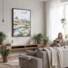 06 - Framed Scottish Highlands Watercolor Canvas Print - Woman reading in modern Living Room - Vertical.jpg
