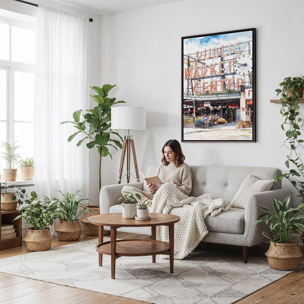 06 - Framed Seattle Pike Place Market Watercolor Canvas Print - Woman reading on couch - Vertical.jpg 06 - Framed Seattle Pike Place Market Watercolor Canvas Print - Woman reading on couch - Vertical.jpg