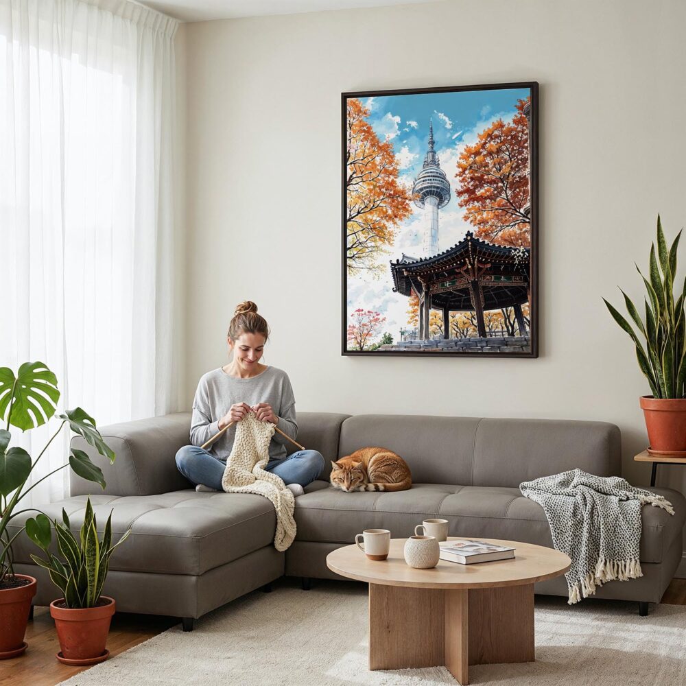 06 - Framed Seoul N Seoul Tower Watercolor Canvas Print - Woman Knitting on grey couch - Vertical.jpg 06 - Framed Seoul N Seoul Tower Watercolor Canvas Print - Woman Knitting on grey couch - Vertical.jpg