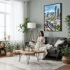 06 - Framed Seoul Skyline Watercolor Canvas Print - Woman reading in Boho Living Room - Vertical.jpg
