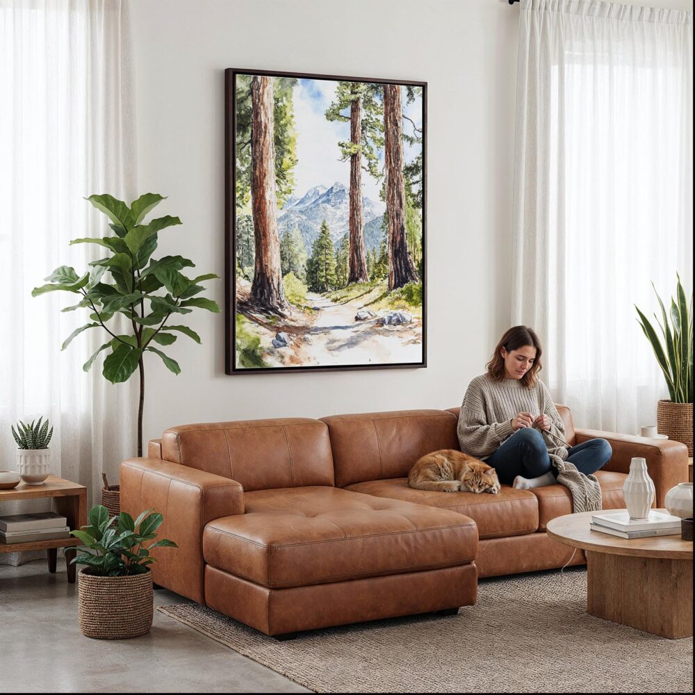 06 - Framed Sequoia National Park Watercolor Canvas Print - Woman Knitting on leather couch - Vertical.jpg 06 - Framed Sequoia National Park Watercolor Canvas Print - Woman Knitting on leather couch - Vertical.jpg