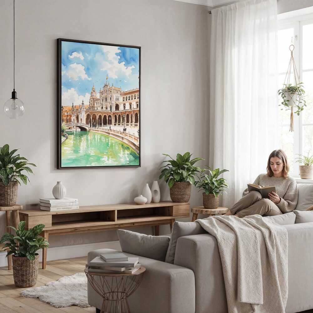 06 - Framed Seville Plaza De Espana Watercolor Canvas Print - Woman reading in modern Living Room - Vertical.jpg 06 - Framed Seville Plaza De Espana Watercolor Canvas Print - Woman reading in modern Living Room - Vertical.jpg