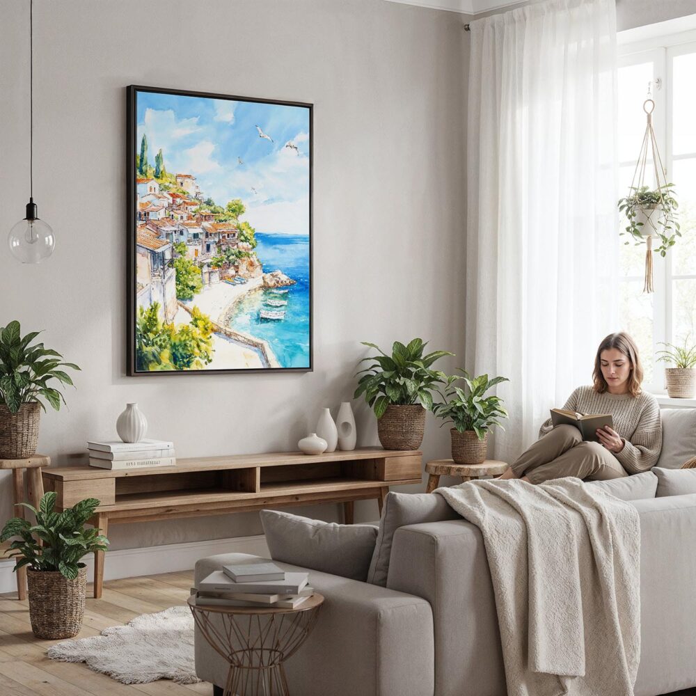 06 - Framed Sicily Italy Watercolor Canvas Print - Woman reading in modern Living Room - Vertical.jpg 06 - Framed Sicily Italy Watercolor Canvas Print - Woman reading in modern Living Room - Vertical.jpg