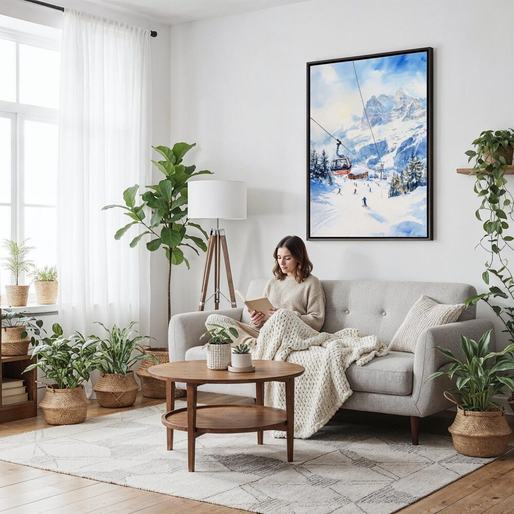 06 - Framed Skiing in Grindelwald Watercolor Canvas Print - Woman reading on couch - Vertical.jpg 06 - Framed Skiing in Grindelwald Watercolor Canvas Print - Woman reading on couch - Vertical.jpg