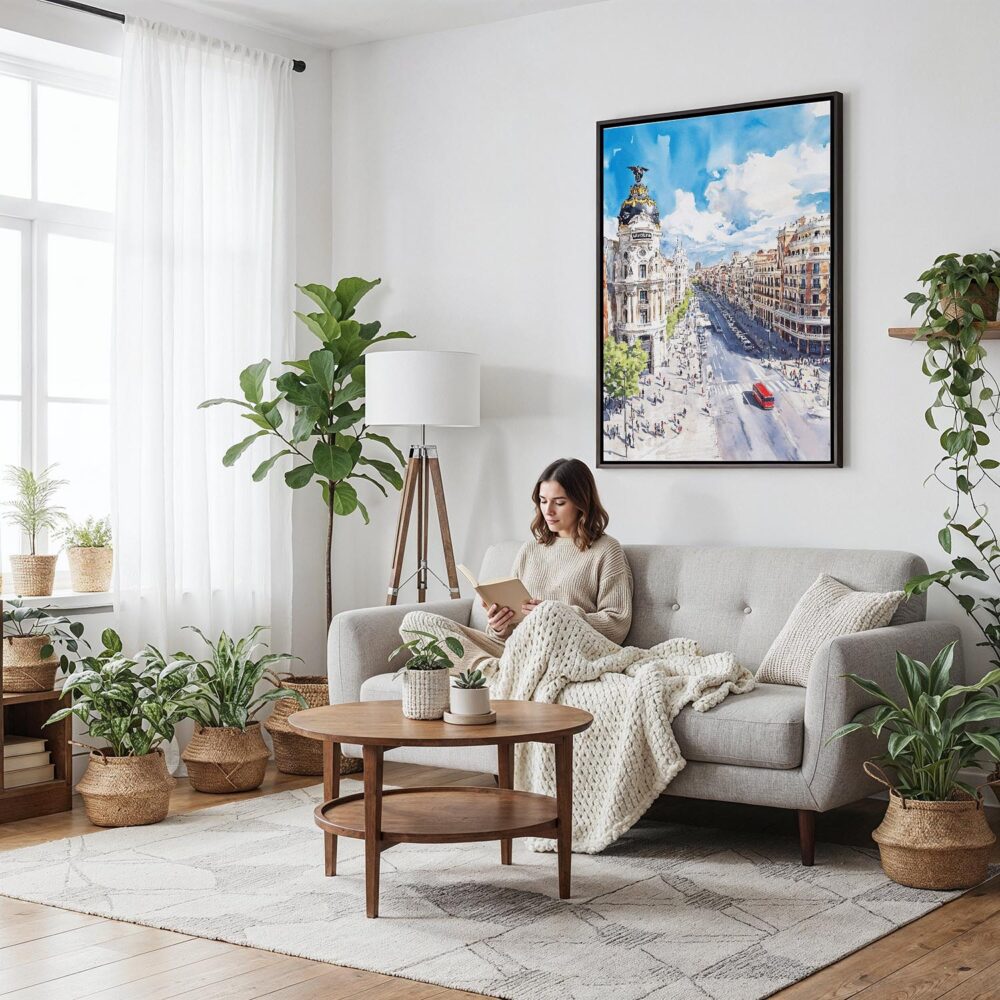 06 - Framed Spain Madrid Watercolor Canvas Print - Woman reading on couch - Vertical.jpg 06 - Framed Spain Madrid Watercolor Canvas Print - Woman reading on couch - Vertical.jpg